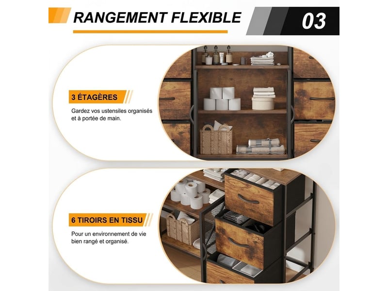 Meuble tv commode 120x30x75 cm six tiroirs tissu portes metal marron rustique - Conforama C