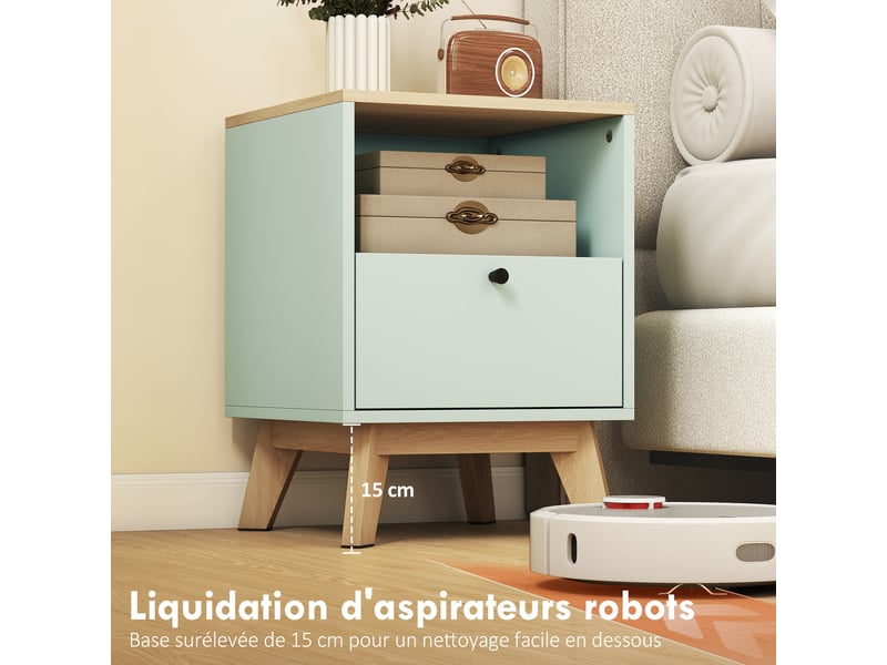  Lot de 2 tables de chevet, tables de nuit avec tiroir et compartiment ouvert, chêne et vert clair, 40 x 40 x 55 cm  - Conforama R