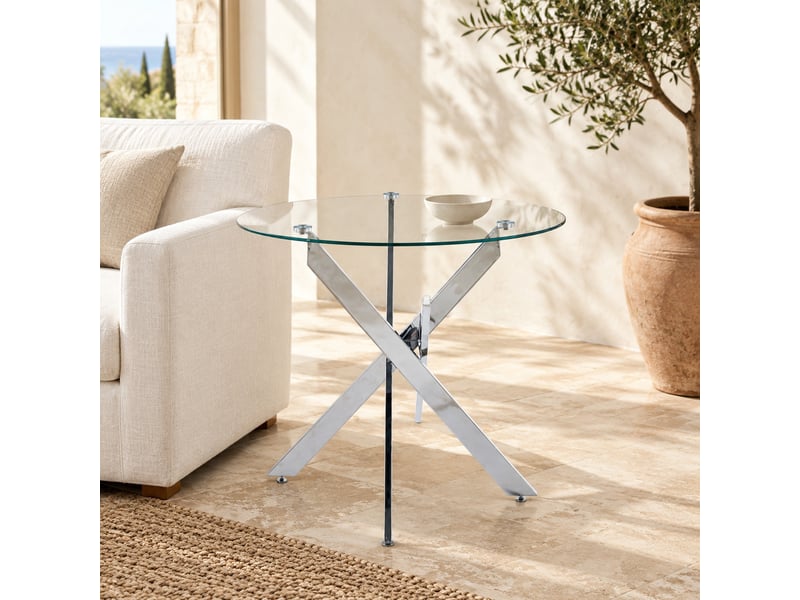  Table de salle à manger ronde – plateau en verre trempé et pieds métal chromé argenté – ø 80 x h 75 cm  - Conforama B