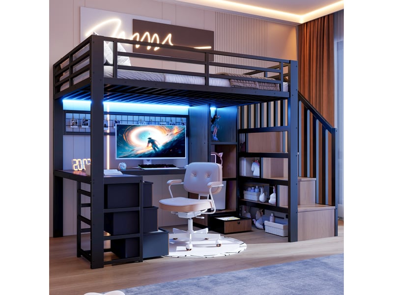 Lit mezzanine enfant 90x200 cm avec bureau, escalier avec rangement, 4 tiroirs, led, cadre métallique et mdf, noir Radiant Stride - Conforama B