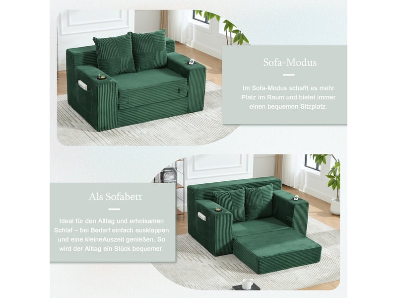  Canapé-lit,133x87x64 cm,2 places,velours côtelé,vert émeraude  - Conforama D