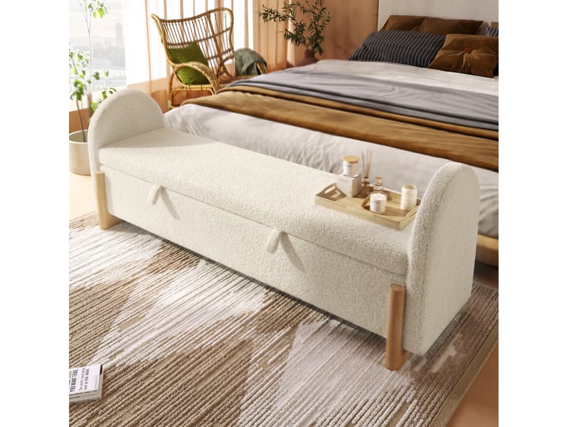  Banc coffre de lit 186 x 47 x 61 cm blanc, chenille bouclette, rangement hydraulique et fermeture douce  - Conforama B