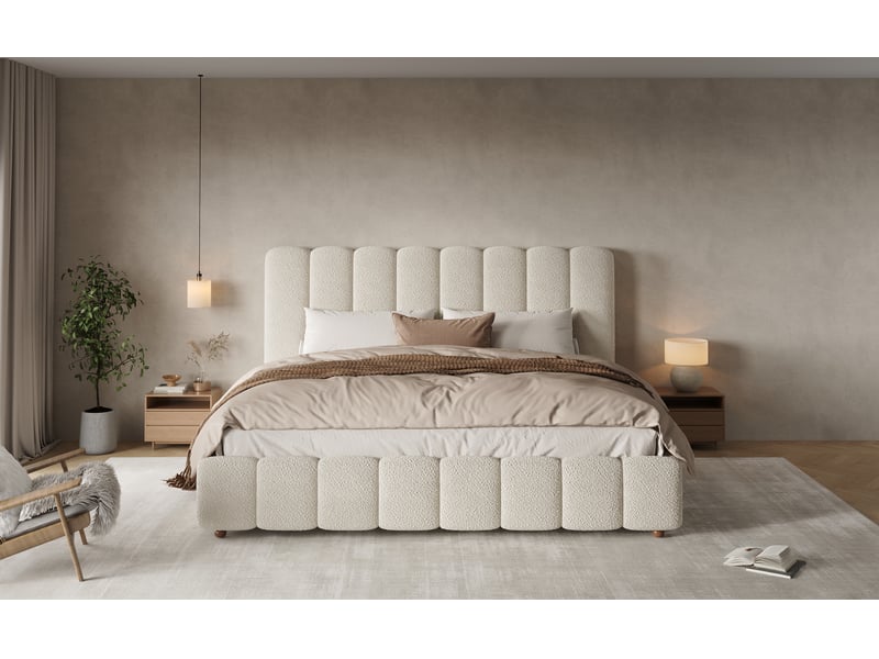  Lit coffre 180 × 200 cm, bouclé, sommier à lattes, tête de lit rembourrée, rangement, ouverture hydraulique, blanc  - Conforama D