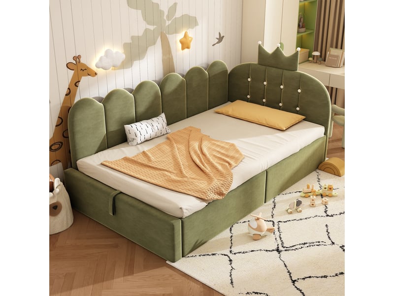  Canapé-lit rembourré 90 x 190 cm, avec espace de rangement, en l, orné d'un motif en treillis en forme de couronne, en velours,  vert  - Conforama B