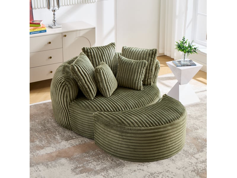  Fauteuil avec pouf rond 2 places, dossier enveloppant et 5 coussins en chenille vert émeraude  - Conforama B