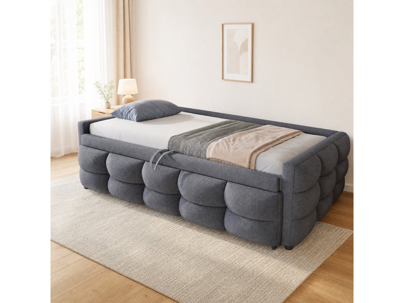  Lit gigogne 90+180x190 cm avec sommier à lattes en velours teddy gris  - Conforama D