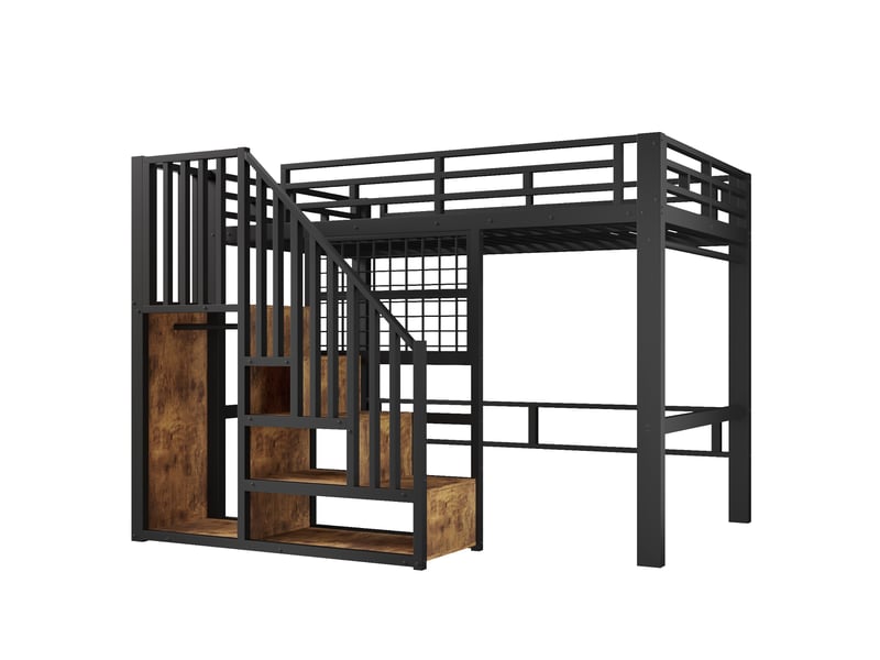 Lit mezzanine 140x200 cm noir en métal, avec escalier rangement, led, grille et penderie, sans matelas - Conforama A