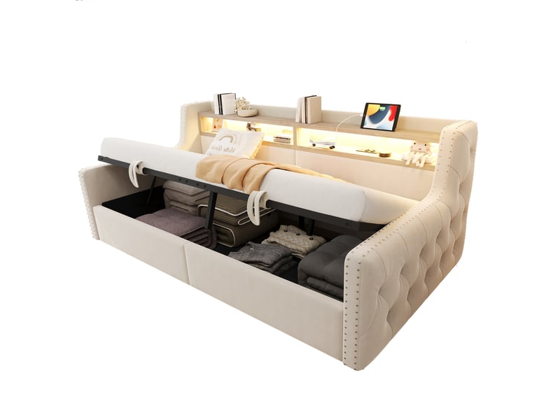  Lit coffre enfant 90x200 cm canapé-lit avec rangement et led, velours, beige, sans matelas  - Conforama A