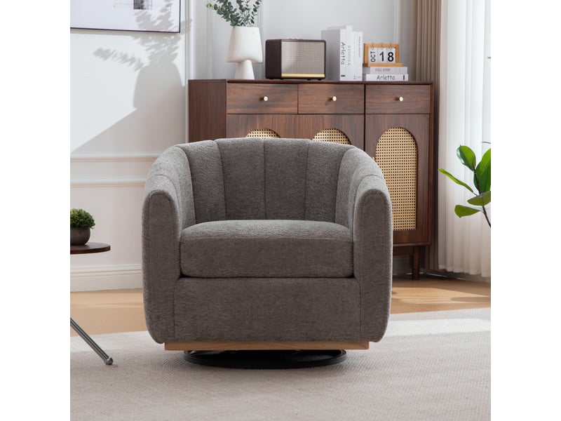  Fauteuil crapaud pivotant 360° 81x73x75.5cm – fauteuil tonneau design citrouille avec base en métal – tissu de chenille - gris  - Conforama E