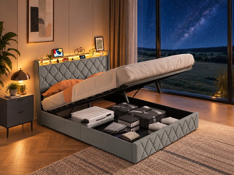  Lit coffre 160x200 cm avec led et usb, lit adulte capitonné avec rangement hydraulique, lit 2 places avec sommier à lattes, lit double avec tête de lit rembourrée, velours gris  - Conforama B