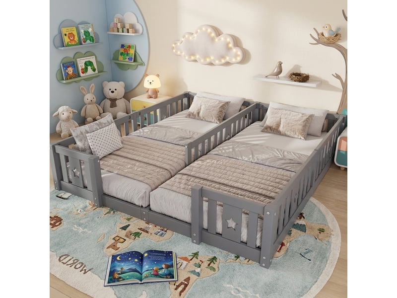 Lit au sol enfant 180x200cm - lit montessori avec barrière de sécurité - lit double 2 places pour bébé ou enfant - pin massif gris - sans sommier - Conforama B