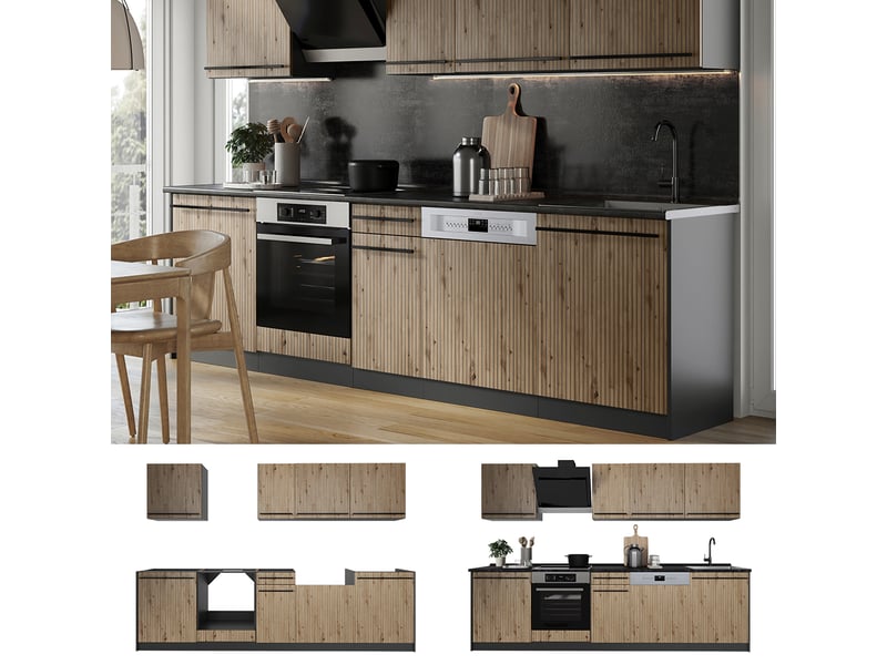  Vicco cuisine, chêne artisananthracite, 280cm sans plan de travail  - Conforama D