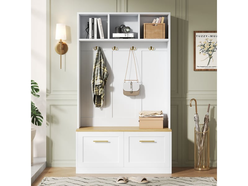  Vestiaire d’entrée, 105 x 40 x 180 cm, avec rangement, avec 4 crochets, avec 2 portes, coloris naturel et blanc, pour maison et appartement  - Conforama A
