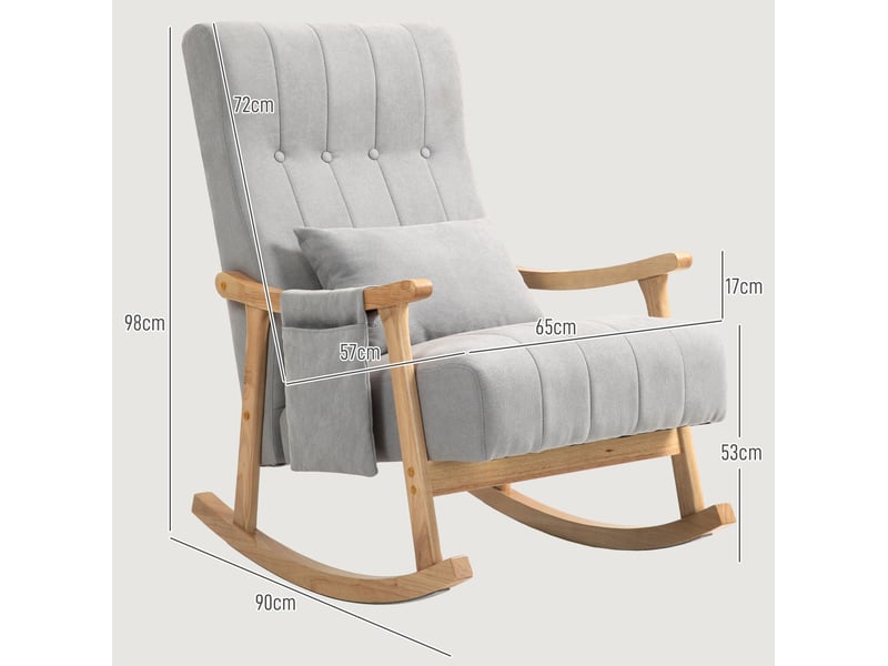  Fauteuil à bascule ulevr avec coussin lombaire et poche latérale, 90 x 65 x 98 cm, polyester gris, cadre en bois de hêtre  - Conforama C