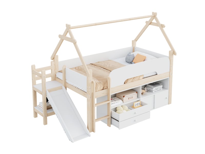  Lit mezzanine 90x200 cm - avec rangement - en bois massif et mdf - bicolore CARDUME ESTIVAL - Conforama A
