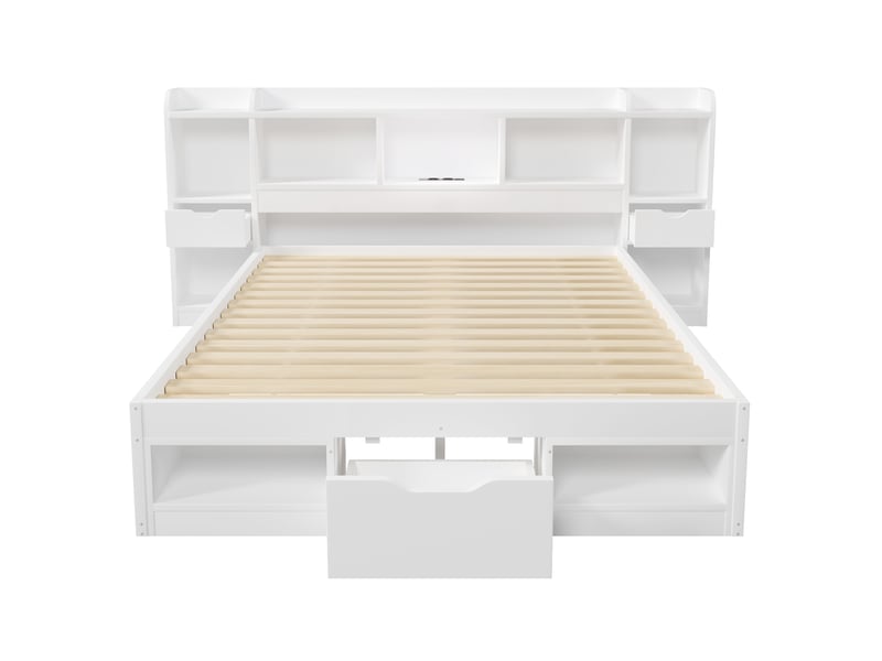  Cadre de lit plateforme (140 x 200 cm), avec tête de lit et pied de lit avec espace de rangement, 3 tiroirs, plusieurs compartiments de rangement, bande lumineuse led et port usb, blanc.  - Conforama D