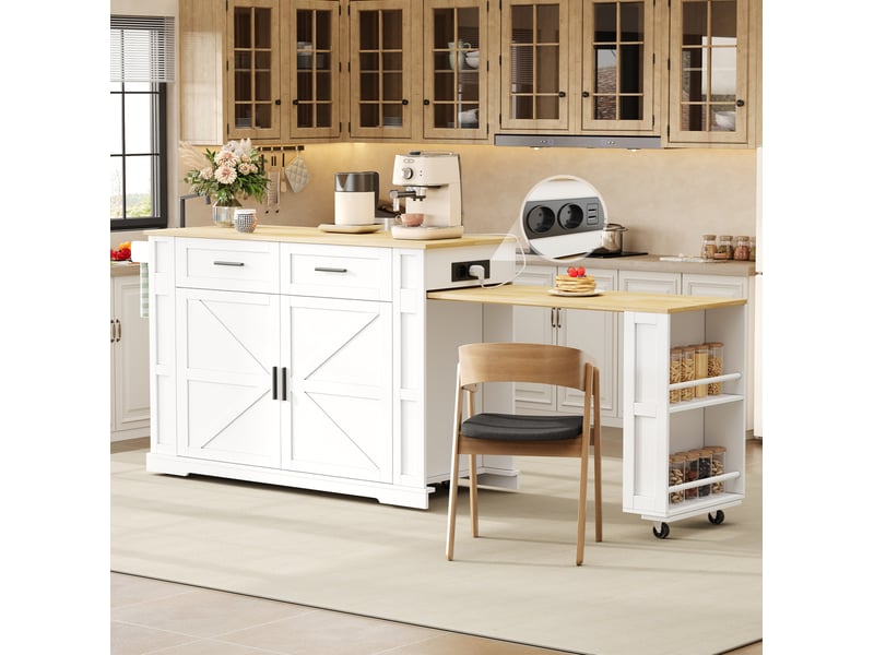 Desserte de cuisine avec plan extensible, 2 tiroirs, 2 portes, prises usb et roulettes, blanc naturel 130 × 50 × 93 cm - Conforama B