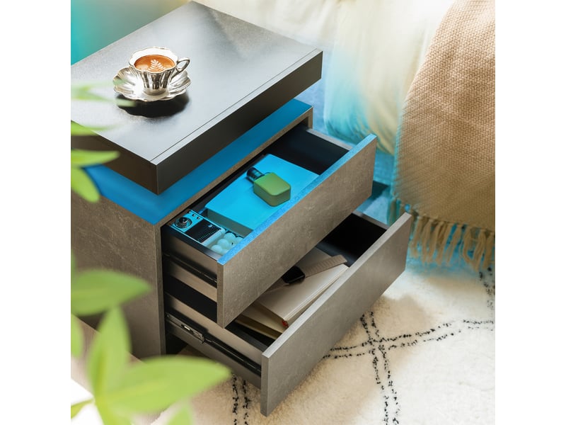  Table de chevet avec 2 tiroirs, niche ouverte et éclairage led pour chambre en bois d’ingénierie gris  - Conforama D