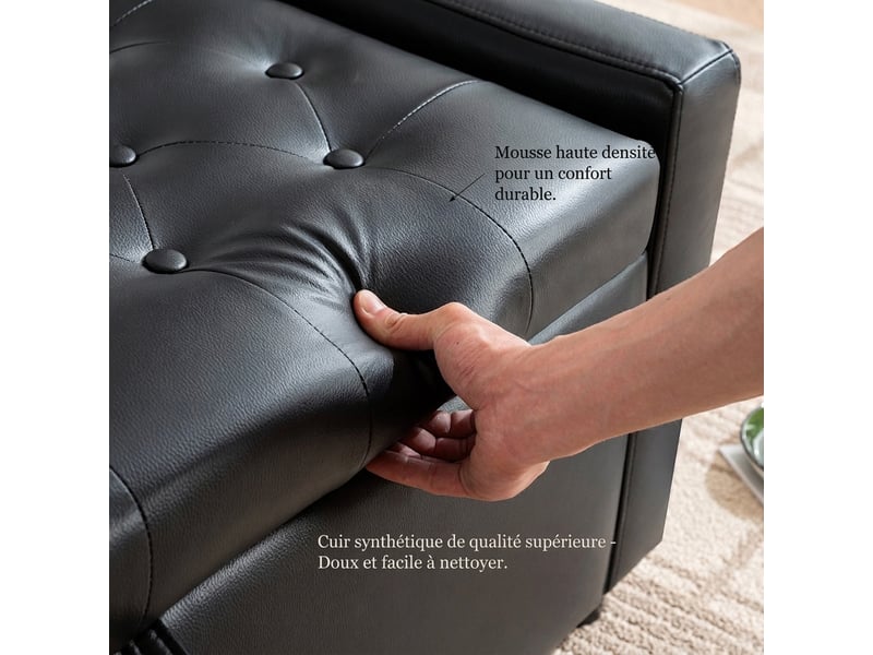  Banc coffre de rangement noir capitonné 122 cm, pouf rectangulaire pour chambre et salon  - Conforama D