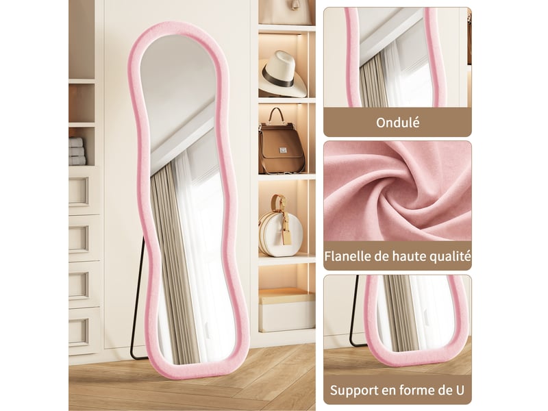 Miroir sur pied 160x50 cm rose,miroir décoratif ,ondulé irrégulier,grand miroir mural avec cadre en flanelle,verre trempé - Conforama E