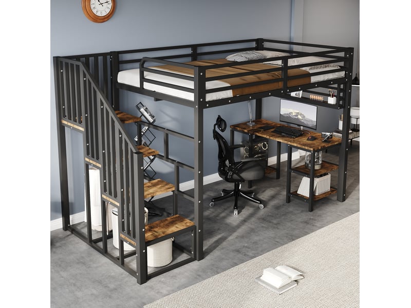  Lit mezzanine 120x200 cm avec bureau et étagère en métal et panneaux de particules noir et noyer foncé  - Conforama B