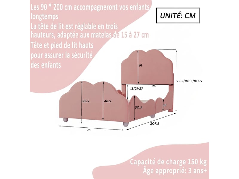  Lit enfant 90x200 forme nuage - velours rose avec barrière de sécurité - sommier inclus  - Conforama C