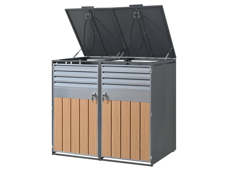 Cache-poubelles 2 compartiments avec couvercle rabattable, ventilation à lames, métal gris - Conforama D