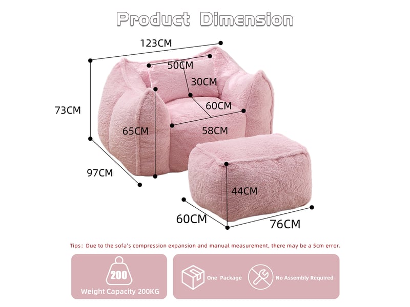  Canapé géant pour adulte et enfant en fausse fourrure avec coussin et repose-pieds, garnissage mousse haute densité, pour lecture et gaming, rose  - Conforama D