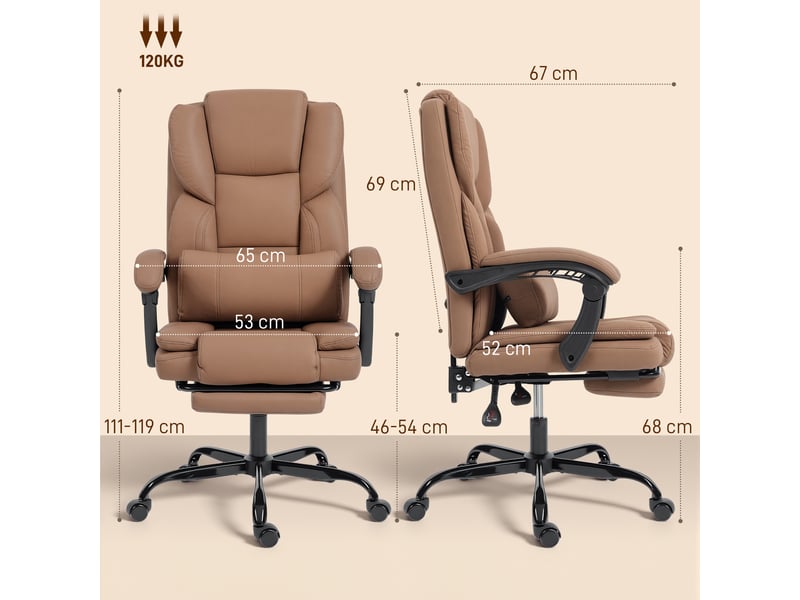  Chaise bureau ergonomique, fauteuil de bureau avec dossier inclinable, hauteur réglable, 65x67x111-119cm, marron  - Conforama E