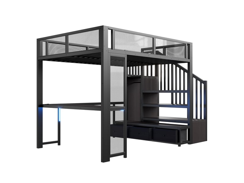  Lit mezzanine enfant 140 × 200 cm avec bureau, rangements, led, usb et escalier, sans matelas, noir  - Conforama E