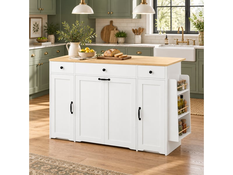 Buffet de cuisine 136 cm avec 3 tiroirs et 2 portes, meuble de rangement avec plateau effet bois, armoire vaisselle pour salle à manger - blanc et bois - Conforama B