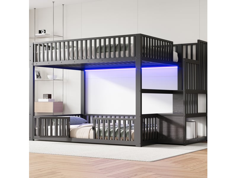  Lit superposé enfant 140x200 cm noir avec escalier de rangement et led  - Conforama D