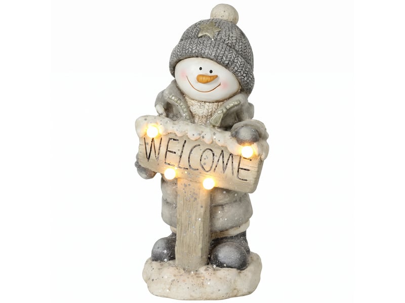  Décoration de noël : bonhomme de neige illuminé, statue de noël en mgo avec panneau de bienvenue, led et minuterie.  - Conforama B
