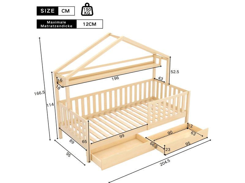  Lit cabane enfant 90x200 cm avec 2 tiroirs, pin et mdf, naturel  - Conforama E