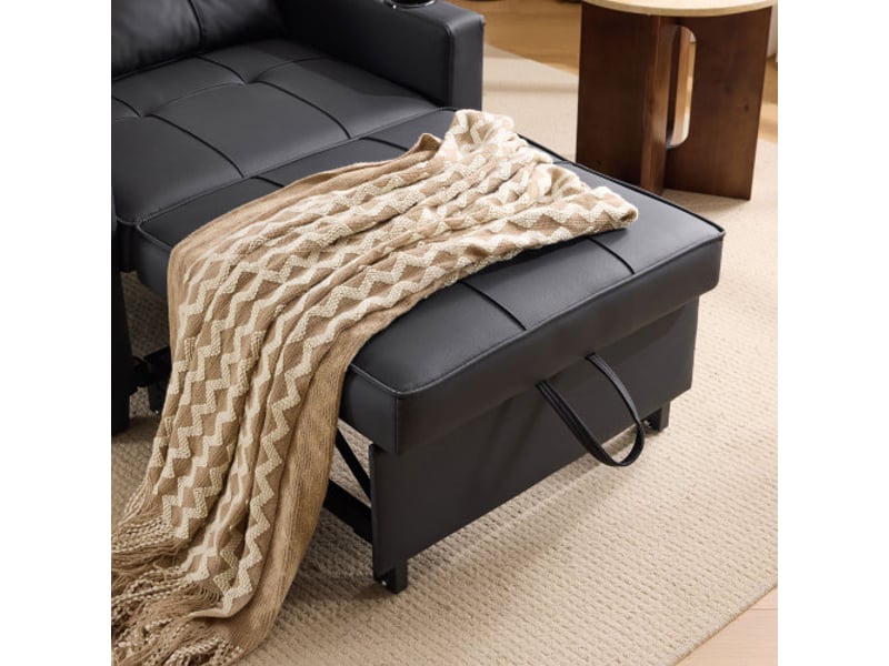 Canapé droit convertible avec pochette latérale, porte-gobelets et port usb, canapé 1 place, réglable en 3 positions, noir - Conforama D