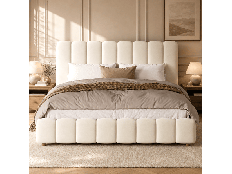  Lit coffre tcqpz 180 x 200 cm hydraulique avec tête de lit et sommier à lattes velours beige  - Conforama E