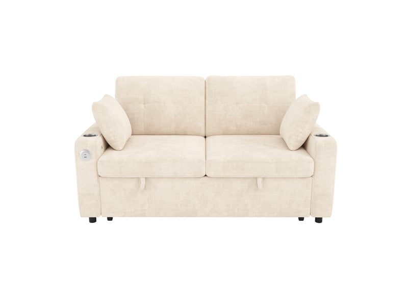  Canapé convertible 2 places avec led, ports usb et de type c, rangements, porte-gobelets en chenille beige  - Conforama A