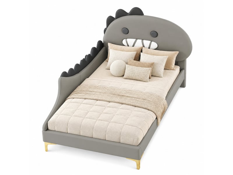  Lit enfant 90x200 cm en pu et mdf, lit simple avec tête dinosaure et entretien facile, gris, matelas non précisé  - Conforama A