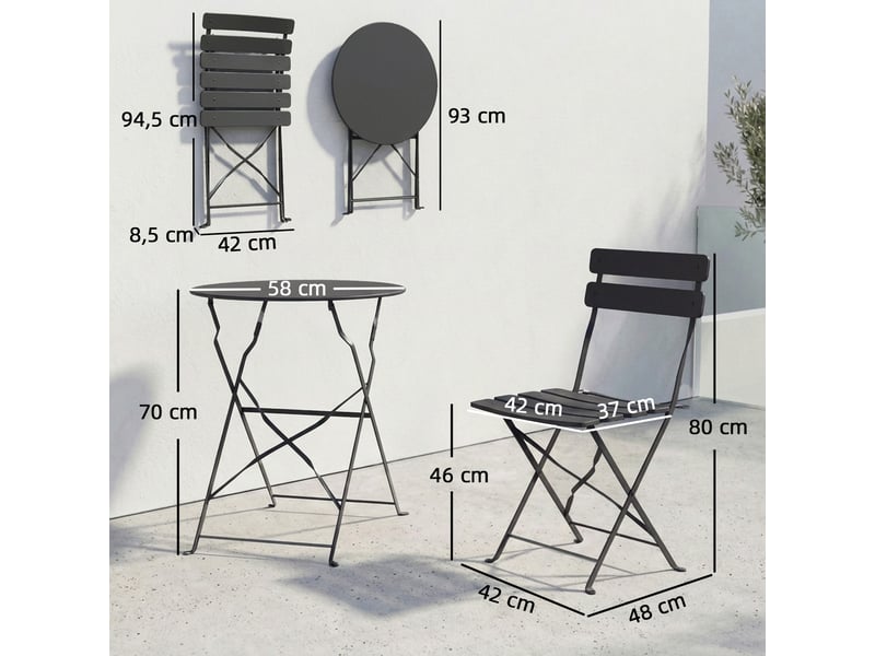  Ensemble bistrot de jardin 3 pièces table et 2 chaises pliantes métal noir  - Conforama C