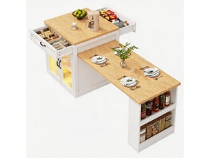 Îlot de cuisine coulissant éclairage led meuble moderne 2 tiroirs étagères réglables buffet portes verre strié plan travail mdf coin repas