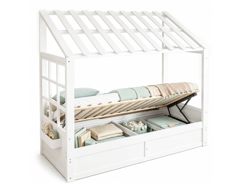  Lit cabane enfant 90×200 cm, coffre hydraulique et étagères  - sans matelas, mdf - blanc  - Conforama A