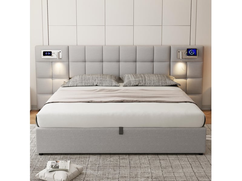 Lit coffre tcqpz 180 x 200 cm hydraulique usb recharge sans fil lampe intégrée lin gris - Conforama D