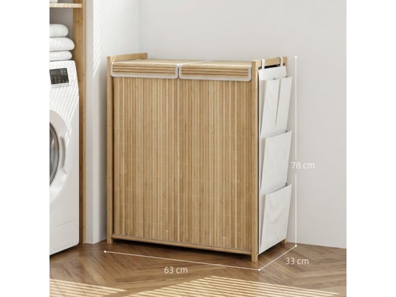  Panier à linge en bambou naturel 120l avec sac amovible à cordon et poches latérales de rangement  - Conforama C