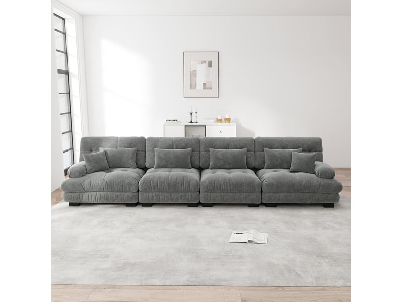 Canapé d’angle modulaire convertible 4 places en chenille gris - Conforama D