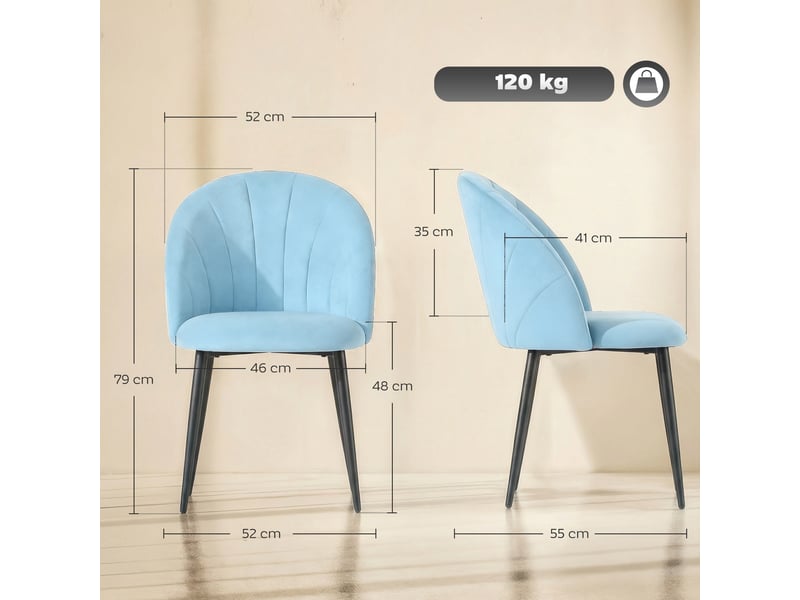  Lot de 2 chaises de salle à manger rembourrées avec dossier coquille en velours bleu ciel dimensions 52x55x79 cm  - Conforama C