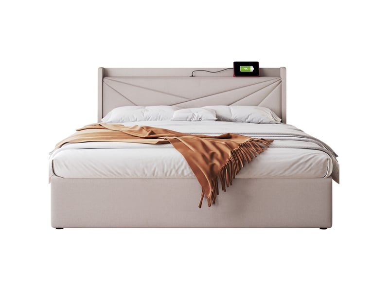  Lit coffre double 160x200 cm beige avec sommier, usb et port type-c, sans matelas  - Conforama A