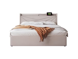 Lit coffre double 160x200 cm beige avec sommier, usb et port type-c, sans matelas