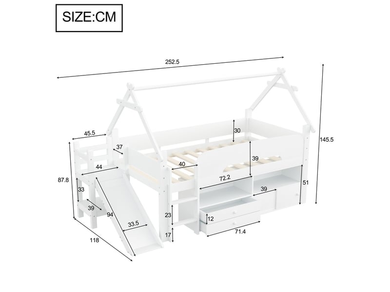  Lit enfant 90x200 cm forme toit toboggan tiroirs barrière sécurité espace jeu rangement bois massif blanc  - Conforama C