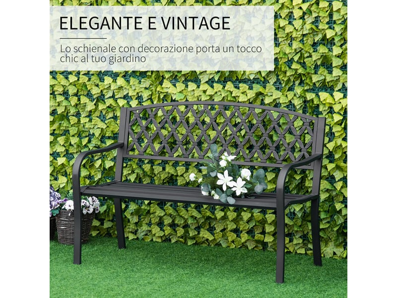  Banc d'extérieur 2 places avec accoudoirs en acier et fonte, 128 x 58,5 x 89 cm, noir  - Conforama E