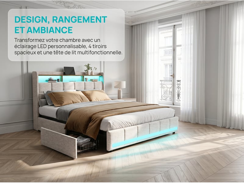  Lit 2 places 180 x 200 cm - cuir pu - tête de lit avec led et usb  - Conforama D